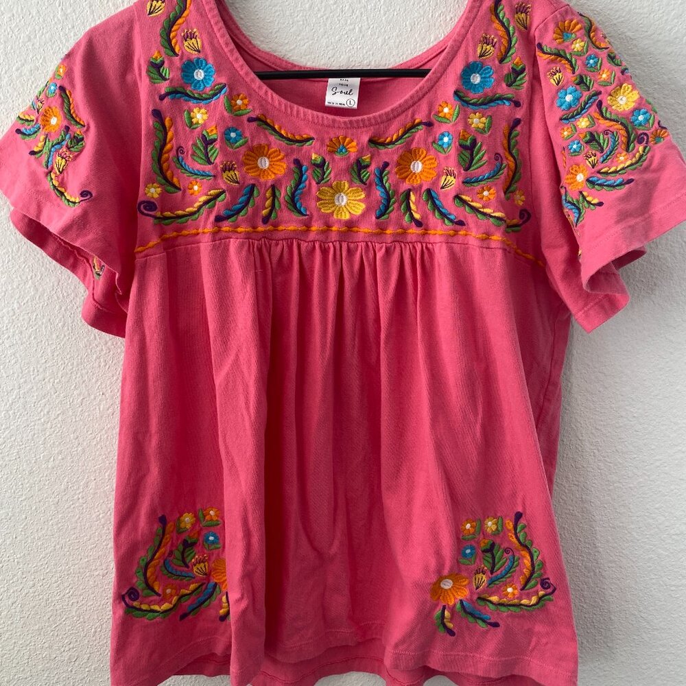 BARE YOUR SOUL Boho Short Sleeve Blouse Top Pink or yellow Floral Embroidery L - Picture 1 of 5